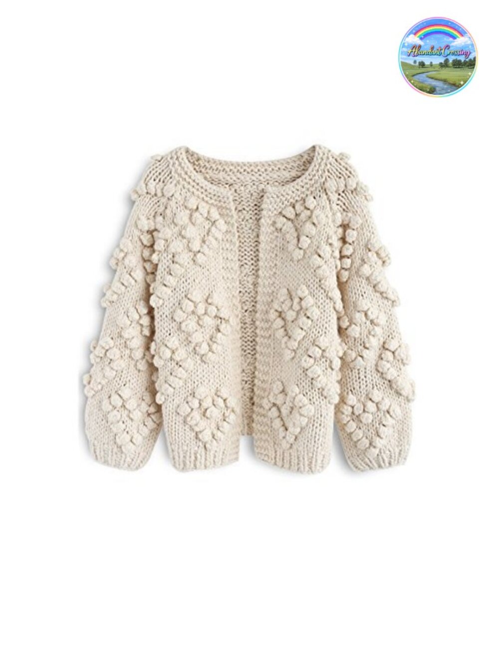 Hand Knit Heart Ball Open Front Ribbed Cardigan Sweater